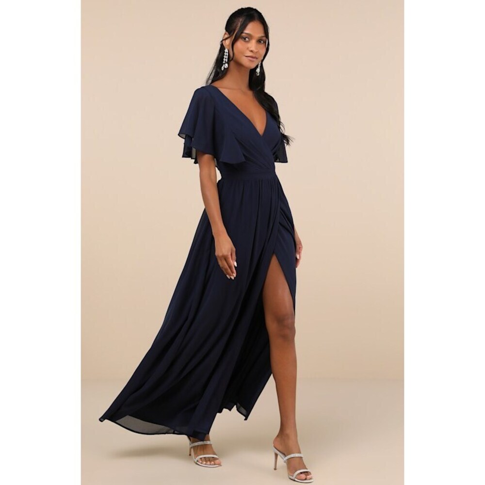 Lulus Convincing Grace Navy Blue Flutter Sleeve Wrap Maxi Dress - Size XS